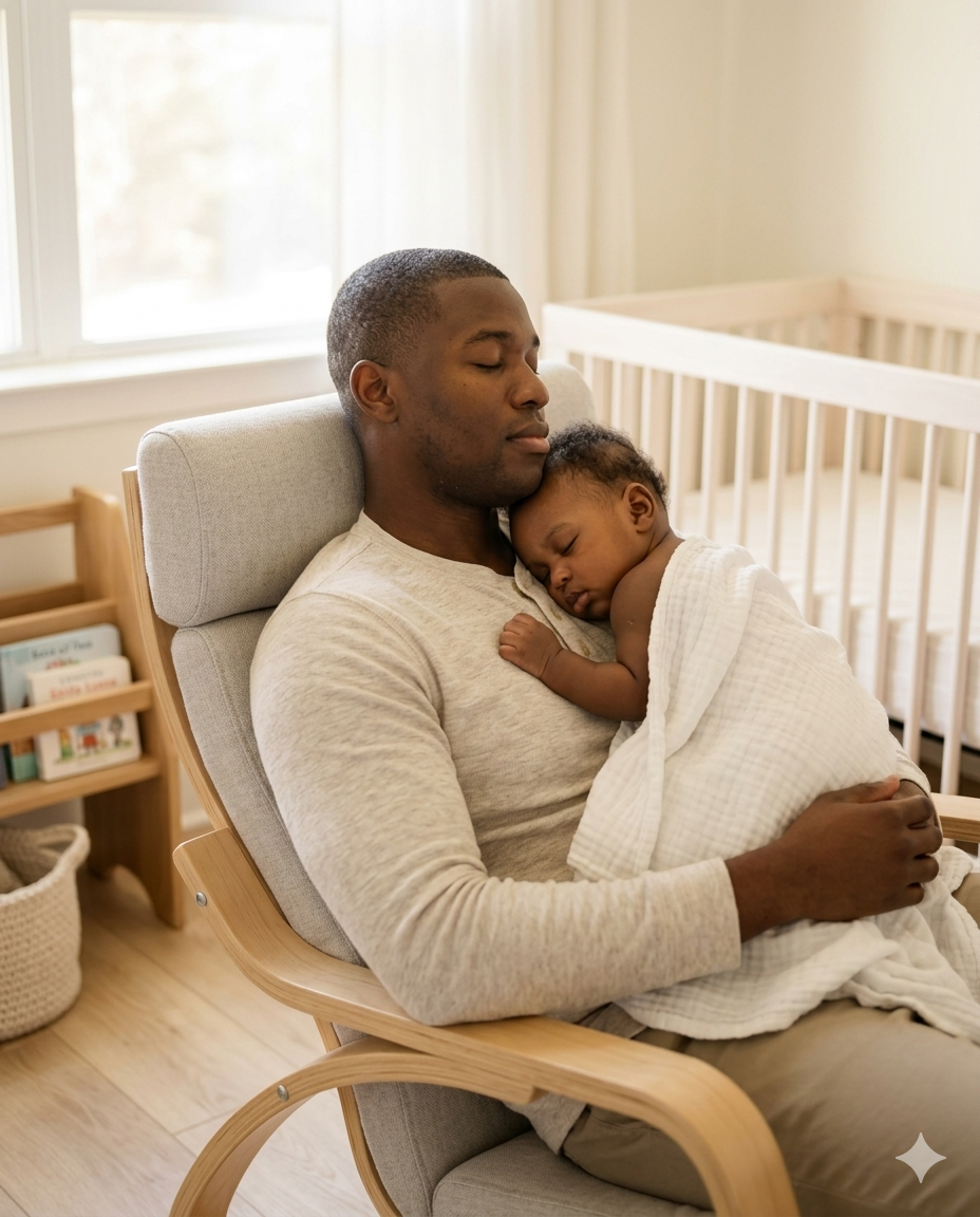 Father holding sleeping baby in nursery – Cocoon baby diapers