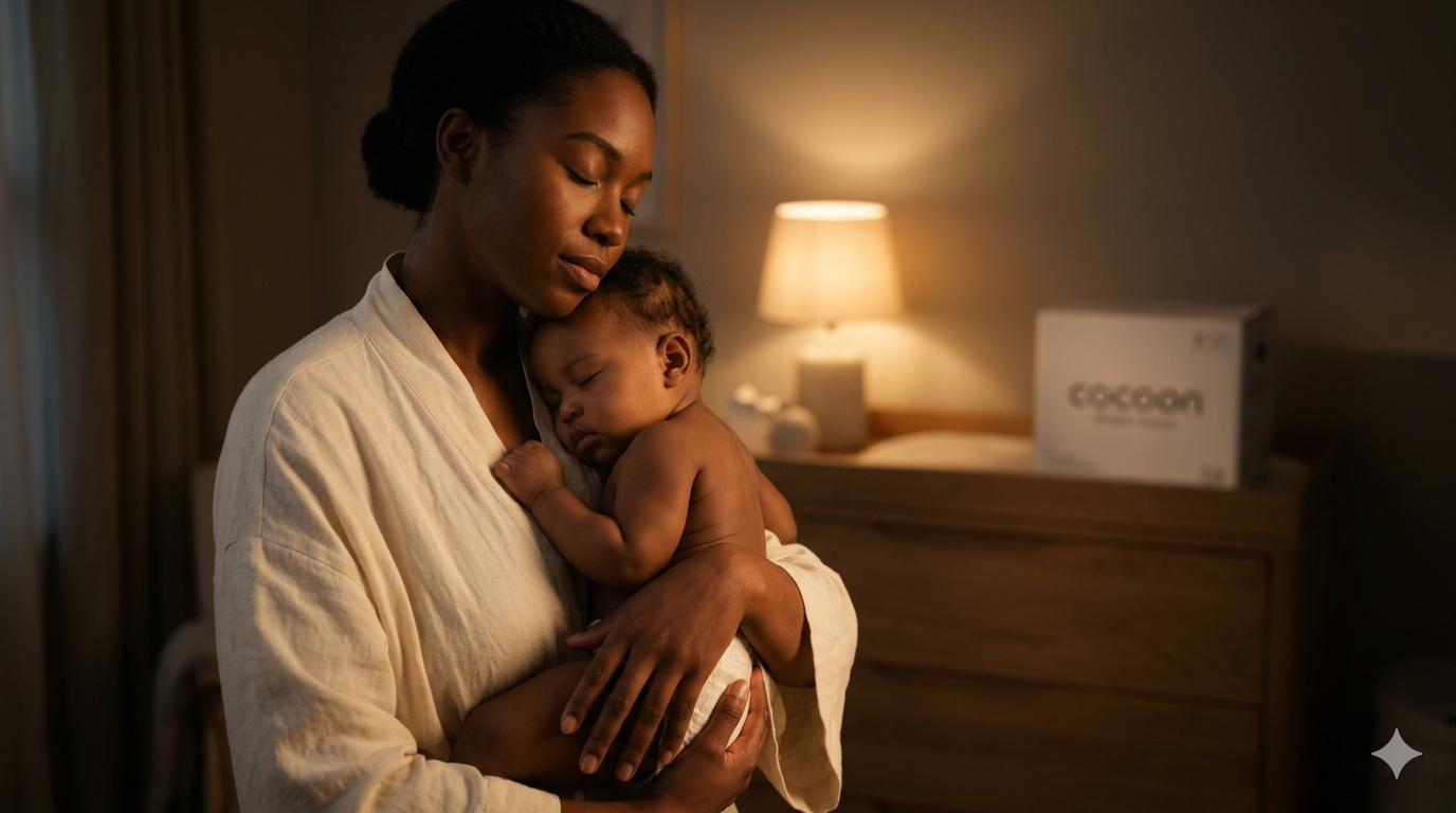 Mother holding newborn at night – Cocoon premium baby diapers