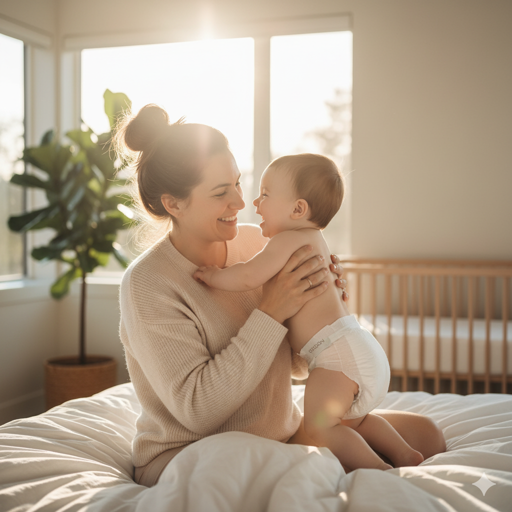 Mother and baby warm embrace – Cocoon premium diapers comfort