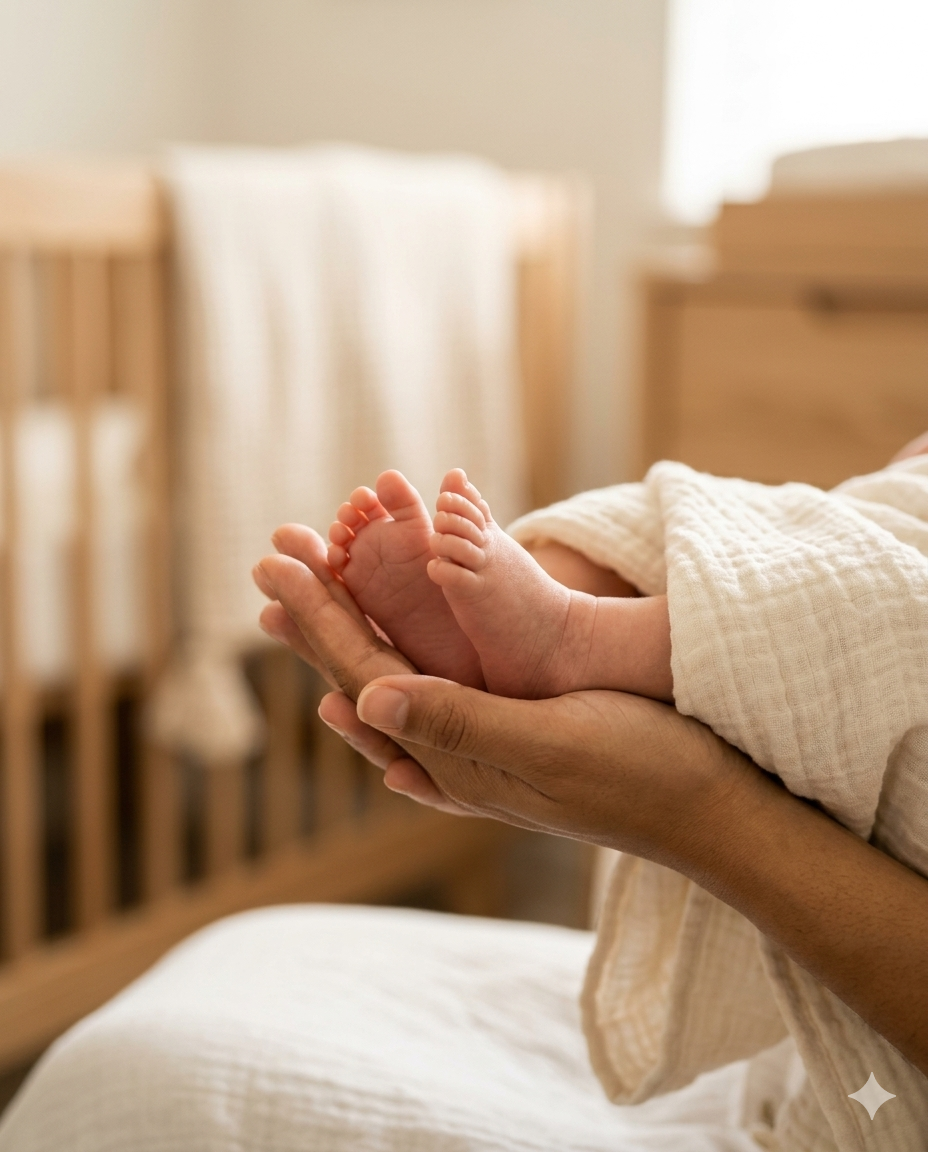 Newborn baby feet in mother hands – gentle on delicate skin